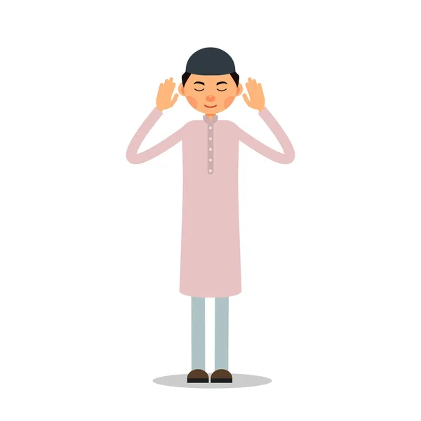 Muslim prayer. Muslim, Islamic man stand and pray. Male muslim praying. Performance of Muslim prayer by man with raised hands. Illustration in flat style. Isolated.