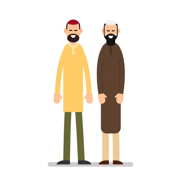 Two Muslim Arabic People Standing Together Different Suit Traditional Clothes — Stock Vector