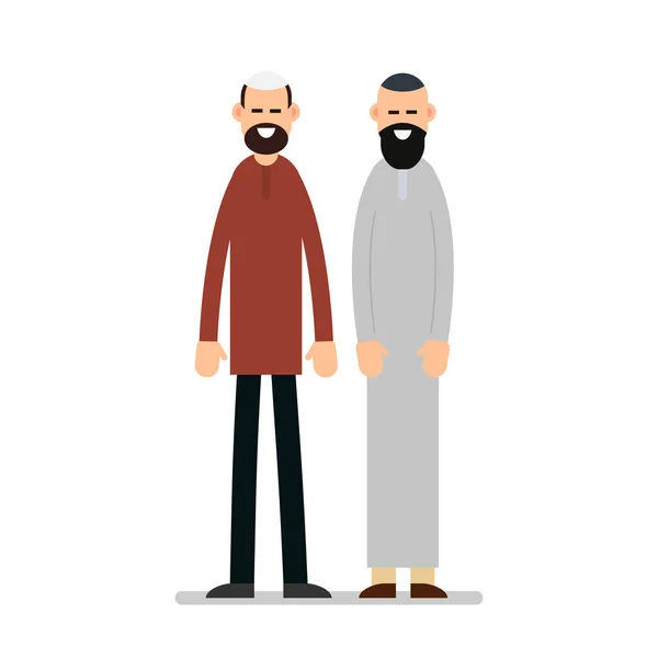 Two Muslim Arabic People Standing Together Different Suit Traditional Clothes — Stock Vector