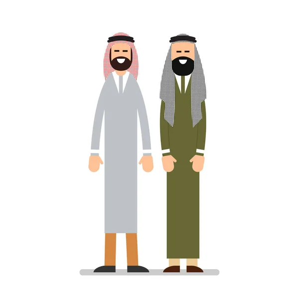 Two Muslim Arabic People Standing Together Different Suit Traditional Clothes — Stock Vector