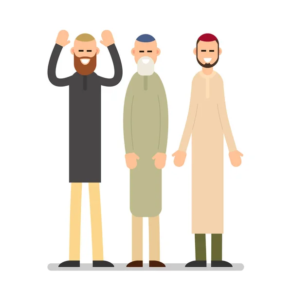 Group Muslim Arabic People Men Standing Together Different Suit Traditional — Stock Vector