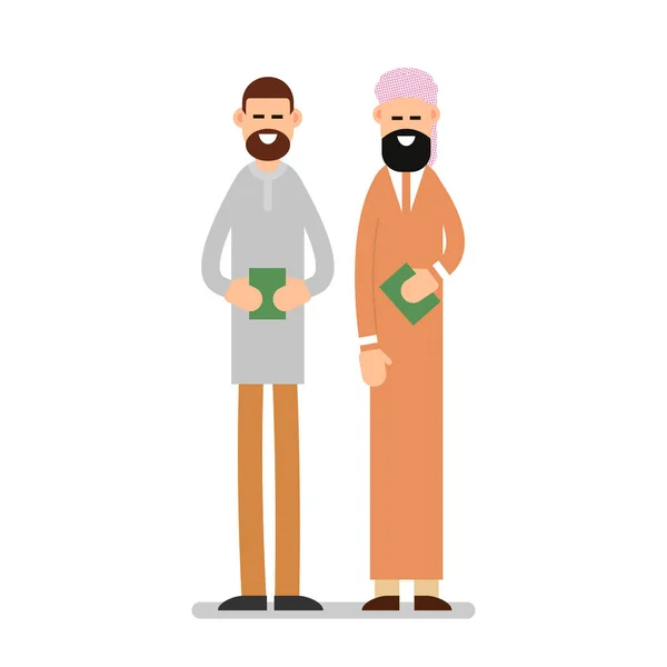 Two Muslim Arabic People Standing Together Different Suit Traditional Clothes — Stock Vector