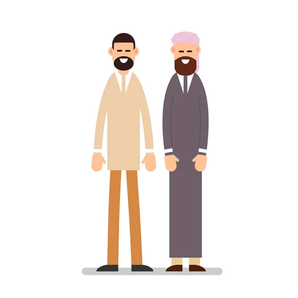 Two Muslim Arabic People Standing Together Different Suit Traditional Clothes — Stock Vector