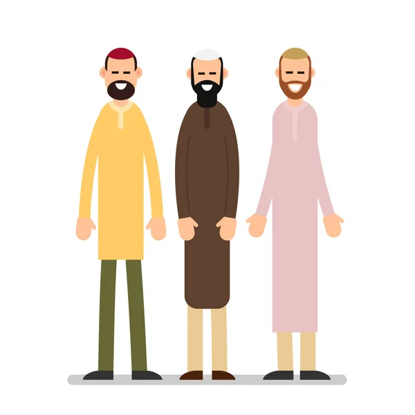 Two Muslim Arabic People Standing Together Different Suit Traditional Clothes — Stock Vector