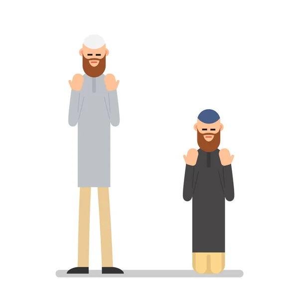 Muslim praying. Two Muslim arabic men in different suit and traditional clothes standing, sitting and praying. The performance of Muslim prayer by men with raised hands. Illustration in flat style. Isolated