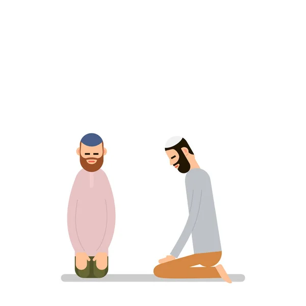 Muslim praying. Two Muslim arabic men in different suit and traditional clothes sitting and praying. Performance of Muslim prayer by men in poses on knees. Illustration in flat style. Isolated.