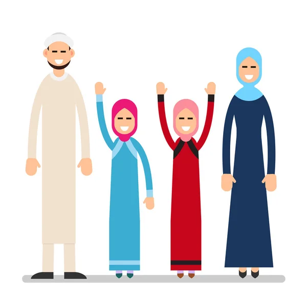 Müslüman bir aile. Farklı takım elbiseli ve geleneksel kıyafetleri olan Müslüman bir çift. Çocukları, annesi, babası ve iki kızı olan ebeveynler. Düz bir tasvir. İzole edilmiş