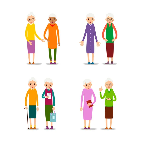 Γριές Γυναίκες Ευτυχισμένος Τρόπος Ζωής Συνταξιοδότησης Ηλικιωμένο Ζευγάρι Χαμογελά Όμορφο — Διανυσματικό Αρχείο
