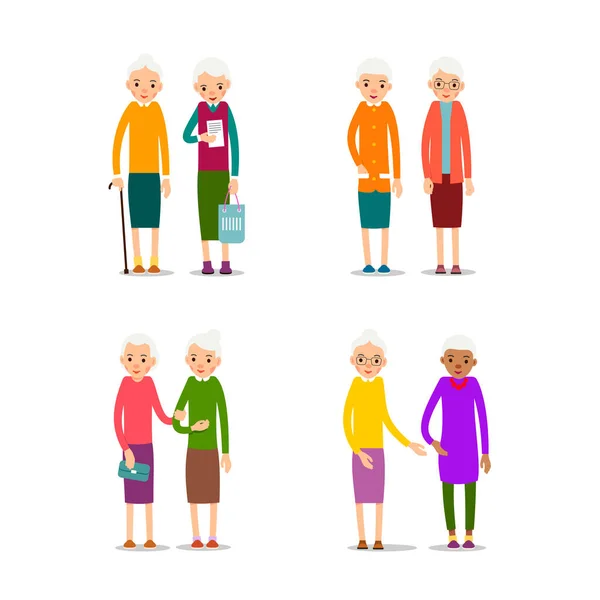 Γριές Γυναίκες Ευτυχισμένος Τρόπος Ζωής Συνταξιοδότησης Ηλικιωμένο Ζευγάρι Χαμογελά Όμορφο — Διανυσματικό Αρχείο