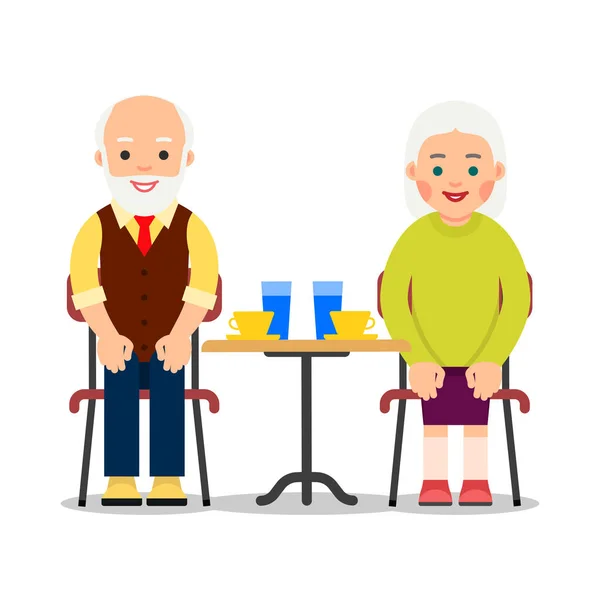 Las Personas Mayores Están Sentadas Una Mesa Tomando Café Agua — Vector de stock