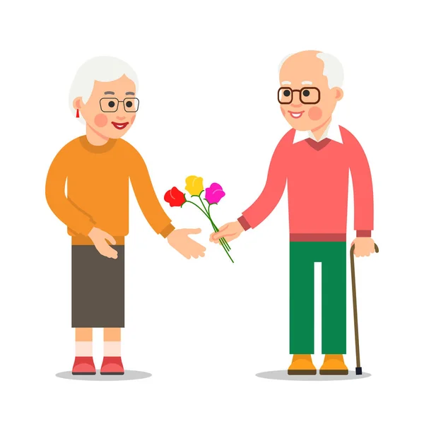 Oudere Man Geeft Bloemen Aan Vrouw Opa Geeft Boeket Bloemen — Stockvector