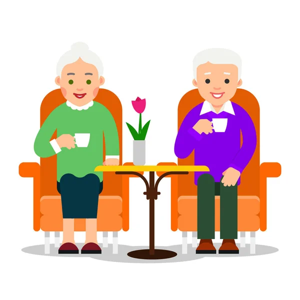 Velho Casal Está Sentado Mesa Avô Avó Sorridentes Marido Idoso — Vetor de Stock