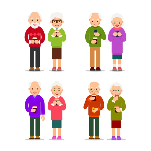 Set Old People Coffee Older Couples Standing Drinking Coffee Elderly — Stock Vector