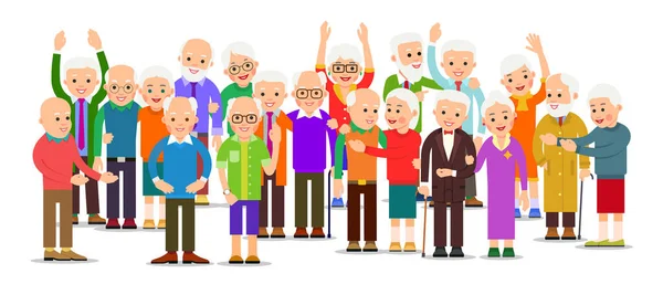 Yaşlılar grubu. Yaşlı erkek ve kadınların kalabalığı. Neşeli son sınıf öğrencileri dışarıda. Mutlu çift birlikte seyahat eder. Gülümseyen Kafkasyalı emekliler. Görüntü düz arkaplanda izole edildi.