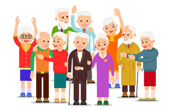 Yaşlılar grubu. Yaşlı erkek ve kadınların kalabalığı. Neşeli son sınıf öğrencileri dışarıda. Mutlu çift birlikte seyahat eder. Gülümseyen Kafkasyalı emekliler. Görüntü düz arkaplanda izole edildi.