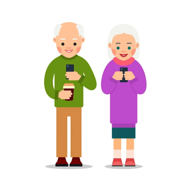 Старі Люди Телефоном Літні Люди Чоловік Жінка Стоять Тримають Мобільний — стоковий вектор