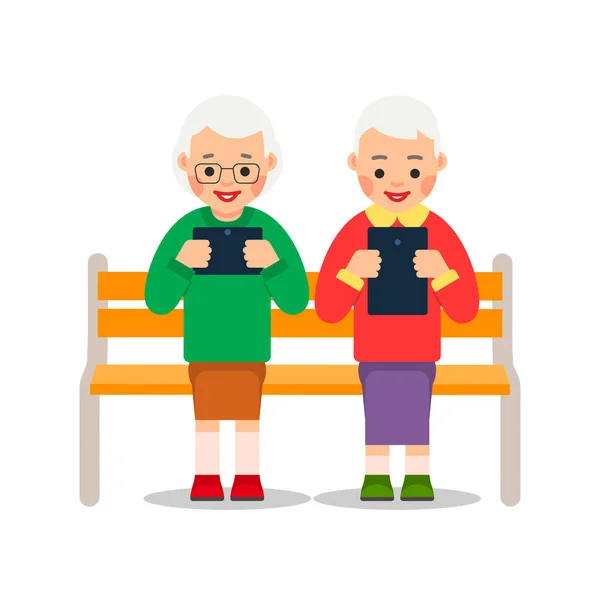 Ηλικιωμένοι Τάμπλετ Στα Χέρια Ηλικιωμένες Γυναίκες Που Κάθονται Ένα Παγκάκι — Διανυσματικό Αρχείο