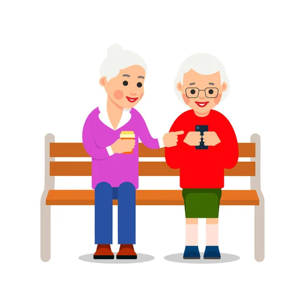 Oude Vrouwen Met Telefoon Grootmoeder Oudere Vrouw Zitten Bank Glimlachen — Stockvector