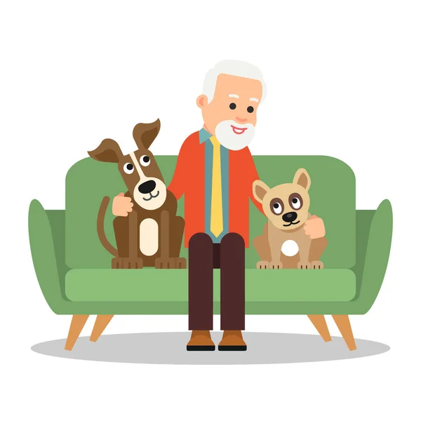 Viejo Con Perro Abuelo Está Sentado Sofá Sonriendo Junto Hay — Archivo Imágenes Vectoriales