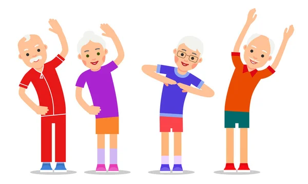 Bir grup aktif yaşlı insan. Spor salonundaki yaşlı erkekler ve kadınlar farklı pozlarda. Mutlu aktif yaşlı çift. Yaşlılar için sağlıklı bir yaşam tarzı. Düz arkaplanda izole edilmiş karakterlerin canlandırması
