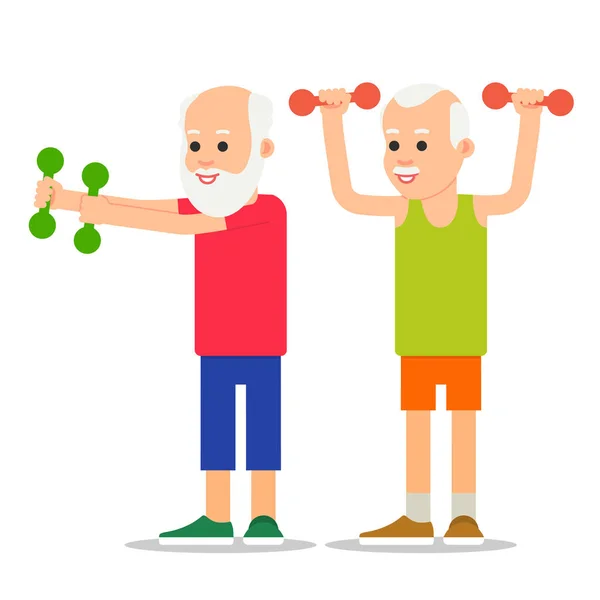 老年人做举重运动 各种姿势的成年人手里拿着哑铃站着 健康的生活方式 平面风格插图 — 图库矢量图片