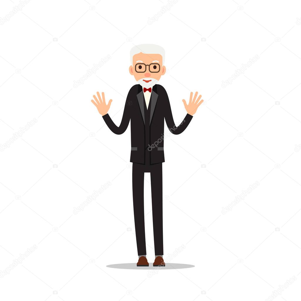 Old man. Elderly man stand with hands up. Cartoon illustration isolated on white background in flat style. Full length portrait of old human, senior or grandfather