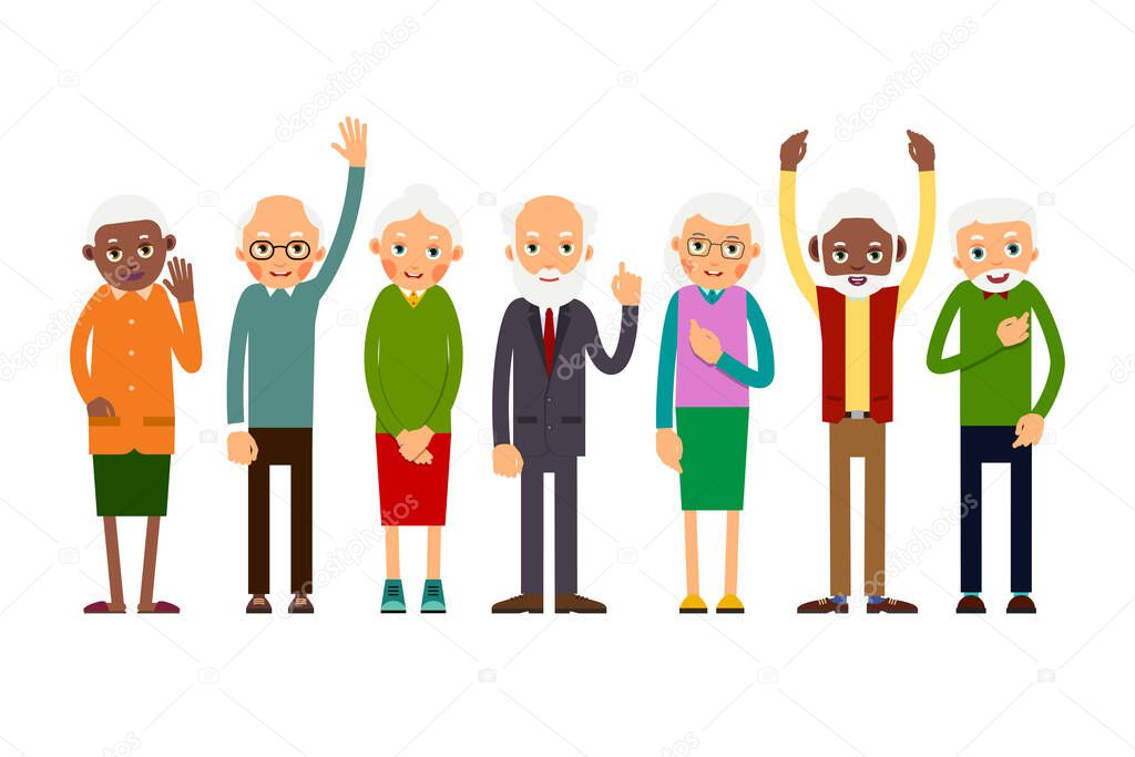 Group of gesticulating elderly people. Aged people caucasian and african. Elderly men and women. Illustration in flat style. Isolate