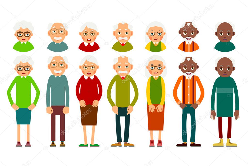 Set of diverse elderly people with avatars isolated on white background