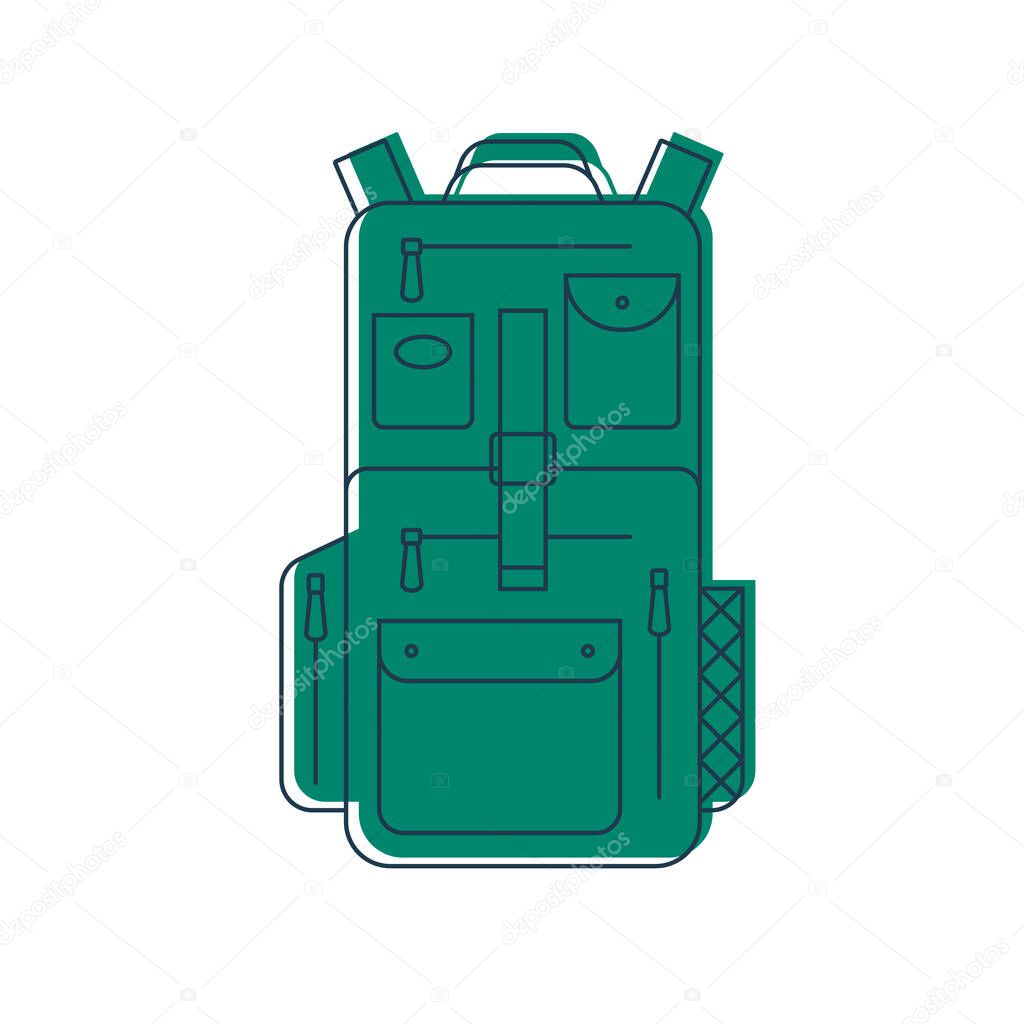 Rucksack or schoolbag with pockets and zipper element. Education and study backpack for students and traveling icon. Tourism bag. Front view. Flat line art illustration isolated on white background.