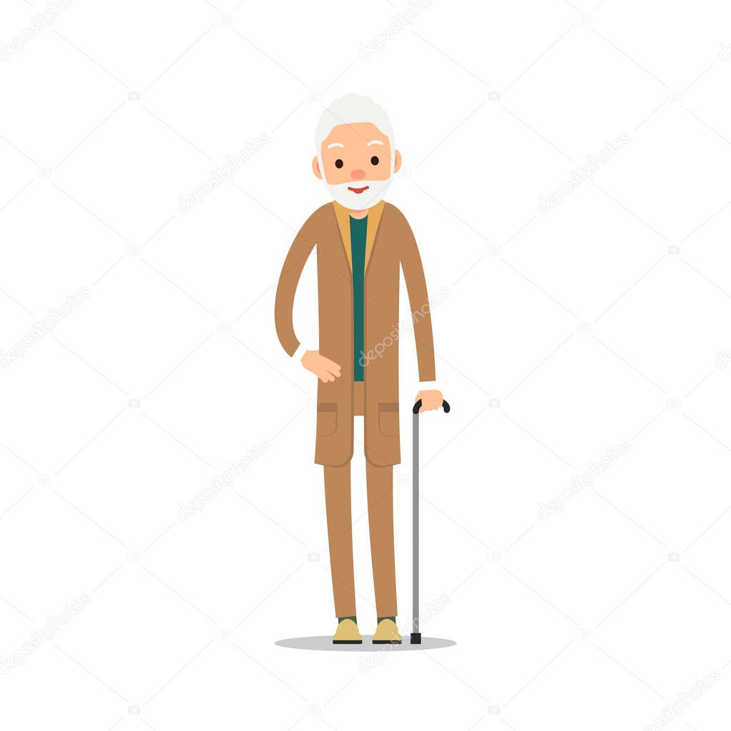 Old man with beard. Elderly man is leaning on stick. Cartoon illustration isolated on white background in flat style
