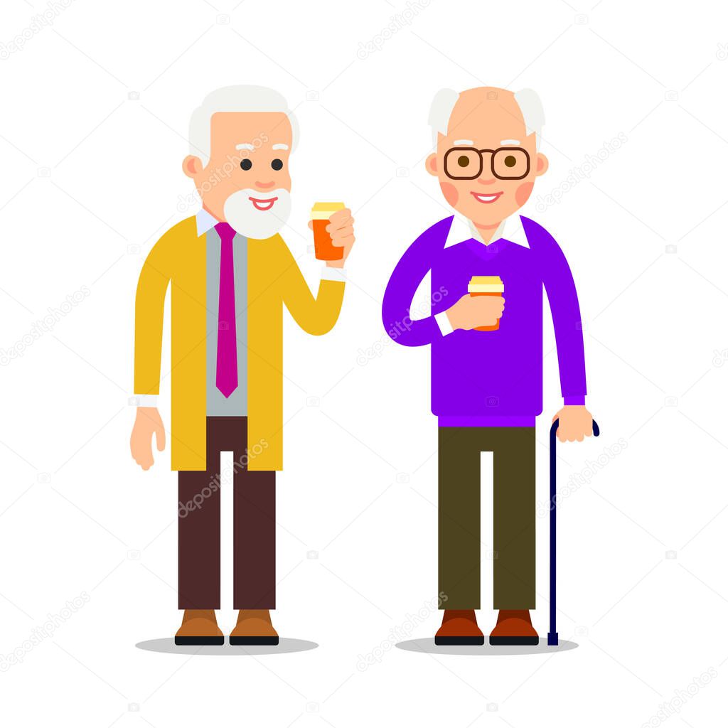 Two senior men with canes stand and drink coffee. Pensioners relax with help of hot drinks. Businessmans with cup of coffee during break. Illustration of people characters isolated in flat style