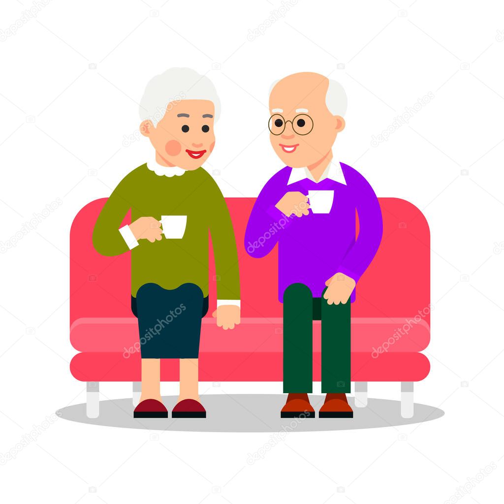 Old couple drinking coffee or tea. Older people sit on couch and drink a hot drink from cups. Elderly couple smiling. Happy retirement. Flat design. Cartoon illustration isolated white background