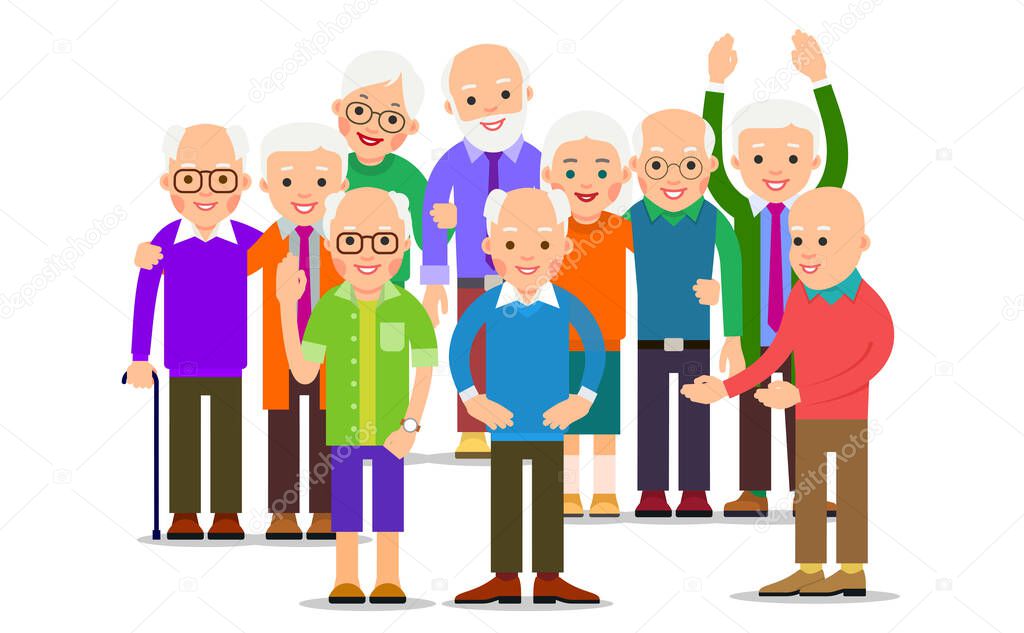 Crowd people old. Elderly couple standing and smiling. Retirement teamwork concept. Friendship, family communication. Happy couple travel together. Modern flat illustration on white backdrop
