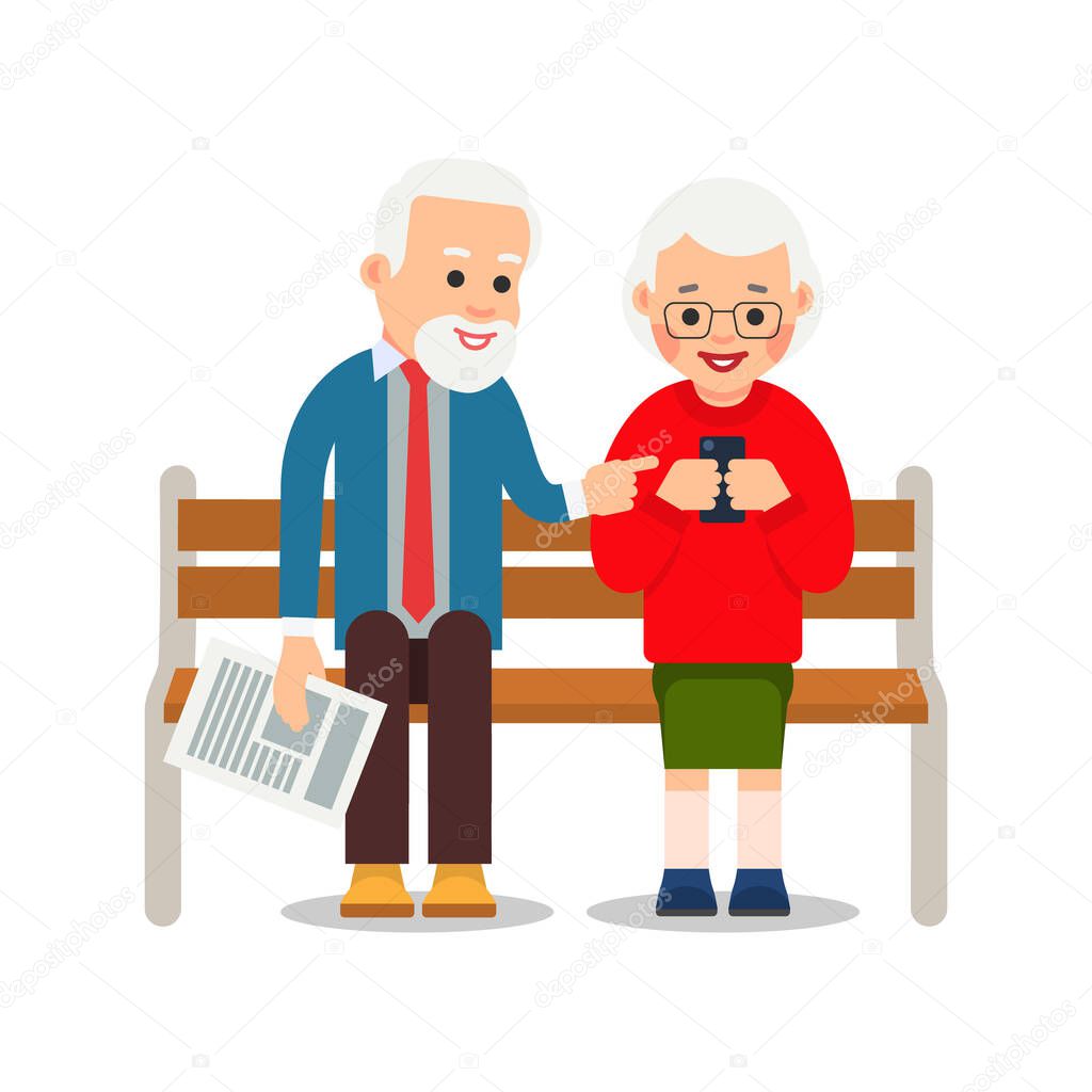 Old couple with phone. Grandmother and grandfather are sitting on bench and smiling read messages in smartphone.  Happy retirement. Cartoon illustration isolated on white background in flat style