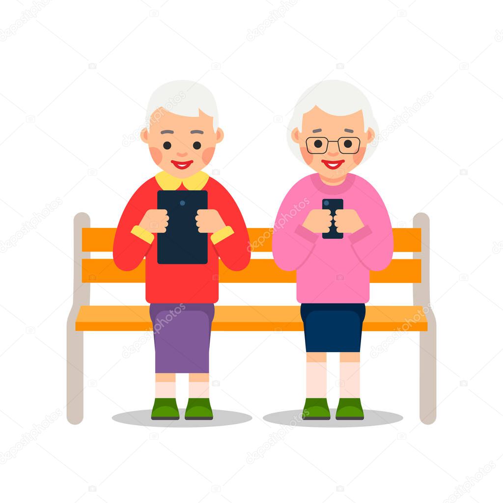 Old women with phone. Two elderly woman are sitting on bench and smiling read messages in smartphone and tablet. Happy retirement. Cartoon illustration isolated on white background in flat style