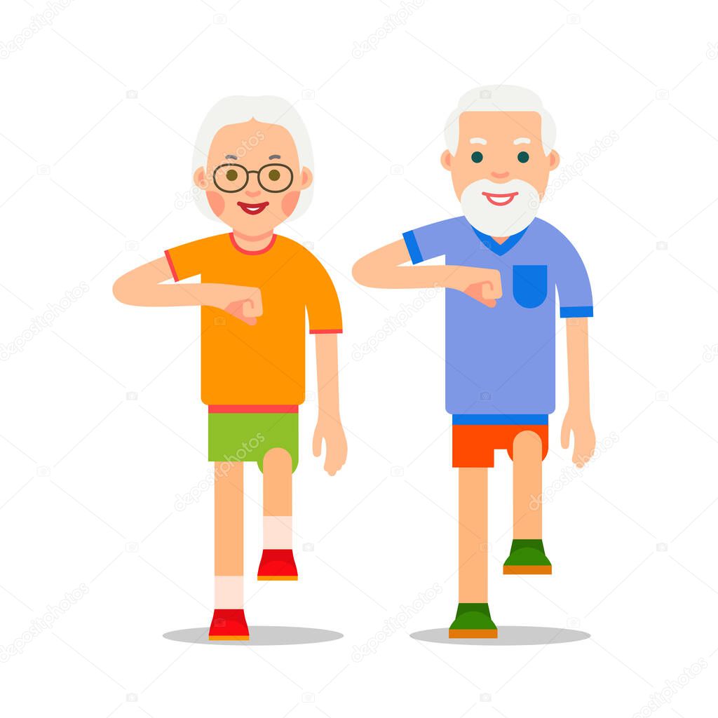 Old people and sport walking. Grandparents perform health gymnastics. Senior people doing physical activity. Adults making physical exercises. Cartoon illustration isolated on white background in flat style