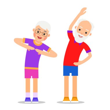 Egzersiz yapan yaşlı insanlar. Yaşlı çift jimnastik ve spor yapıyor. Aktif, sağlıklı, yaşlı erkekler ve kadınlar. Büyükanne ve büyükbaba sabah egzersizi yapıyor. Düz biçim illüstrasyonu beyaz arkaplanda izole edildi.