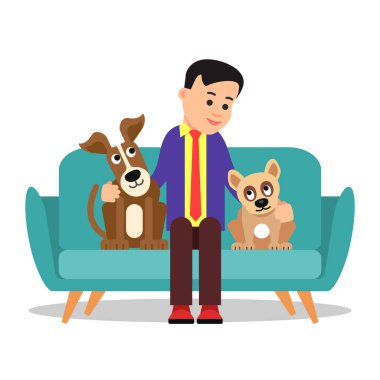 Köpekli adam. Genç karakter kanepede oturuyor ve evcil köpeklere sarılıyor. Sevimli çizgi film evcil hayvanı. Mutlu hayvan. Hayvan bakımı kavramı. Çizgi film çizimi düz arkaplanda izole edildi
