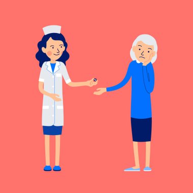 Hemşire ve hasta. Kadın doktor hasta diş ağrısı ilacı veriyor. Hasta yaşlı kadın elini yanağının arkasına koyuyor ki bu acıtıyor. Düz arkaplanda izole edilmiş insanların canlandırması