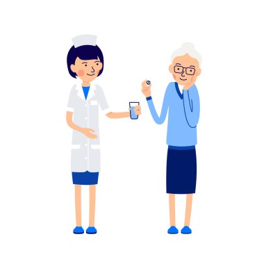Kadın doktor ya da hemşire hasta bir bardak su verir. Yaşlı hasta elinde hap tutuyor, diğer el yanağını tutuyor, ki bu acıtıyor. Görüntü düz arkaplanda izole edildi