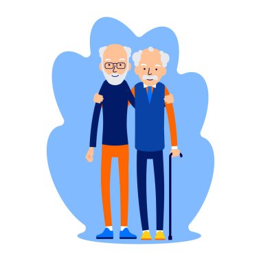 İki adam sarılıyor. Erkek arkadaşlığı. Arkadaşlar ayakta, birbirlerine sarılıyorlar. Yaşlı bir adam, iki iyi arkadaş. Düz arkaplanda izole edilmiş insanların canlandırması