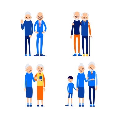 Modern tarzda ayarlanmış. Mutlu bir çift. Aşk, ilişki, romantizm kavramı. Dışarıda neşeli yaşlı insanlar var. Yaşlı çift gülümsüyor. Düz arkaplanda izole edilmiş insanların canlandırması