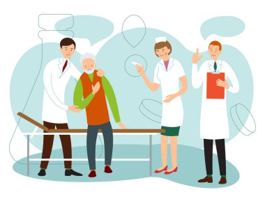 Doktorlar ve hemşire hasta bir ihtiyarın başucunda. Hemşire iğneyi yapmaya hazır. Tıbbi muayene. Sağlık hizmeti, hastanede ilaç servisi. Düz stil tıbbi illüstrasyon.