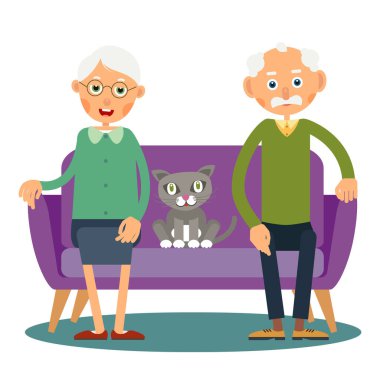 Kanepede yaşlı bir kadın, bir adam ve bir kedi oturuyor. Yaşlı ve hayvanın aile portresi. Evcil bir hayvanla tatilde olan evli birkaç emekli. Düz bir tasvir. İzole et
