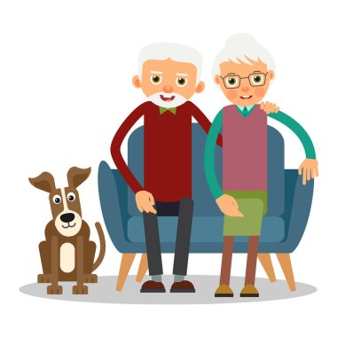 Kanepede yaşlı bir kadın, erkek ve köpek oturuyor. Yaşlı ve hayvanın aile portresi. Evdeki kanepede evcil bir hayvanla evli bir çift emekli. Düz bir tasvir. İzole edilmiş