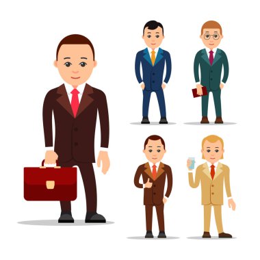 İş adamı. Çeşitli pozlarda yönetici karakter seti. Takım elbiseli patron, gömlek ve kravat. Çizgi film illüstrasyonunu düz arkaplanda izole et