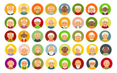 Avatar kullanıcısı yaşlı insanlar. Baş kullanıcı yaşlı insanlarla modern daire simgesi. Web simgesi seti. Bir grup mutlu kadın ve erkek. İnternet tasarımı ve internet iletişimi kavramı. Düz biçim.