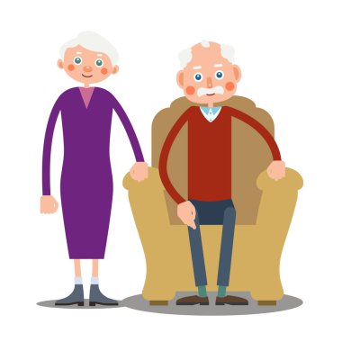 Yaşlı bir adam büyük bir koltukta oturuyor ve yanında yaşlı bir kadın duruyor. Düz bir tasvir. İzole et