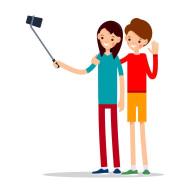 Kadın selfie çekiyor. Arkadaşlar ortak oto-portre fotoğrafı çekerler. Mutlu gülümseyen genç kadınlar selfie çekiyorlar. Düz bir tasvir. İzole et