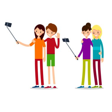Kadın selfie 'si. Çizgi film tarzında bir kadın selfie 'si. Selfie konsepti. Turist tatili oto portresi. Mutlu kadın özçekimi. Kız selfie 'si. Düz bir tasvir. İzole edilmiş